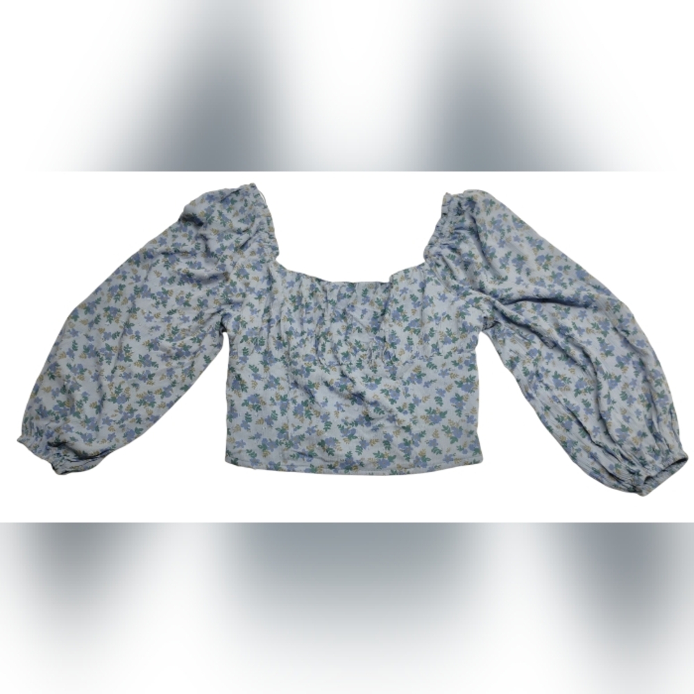 NWT South Moon Under Ruched Crop Top Sz M Puffy Sleeve Lined Blue Floral J-4